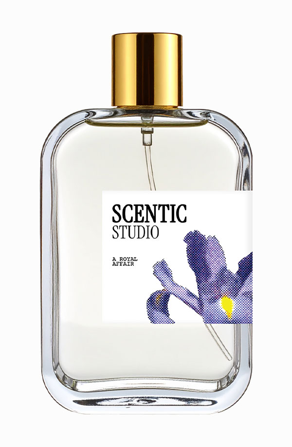bouteille de parfum Scentic Studio en verre, à la fleur d'iris