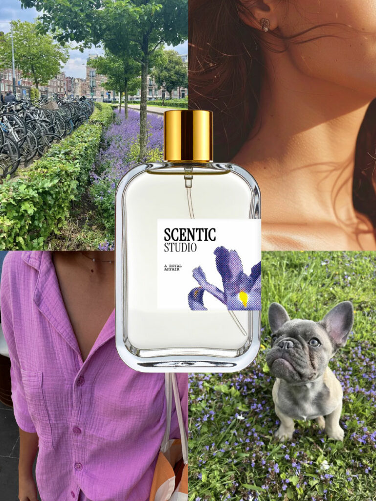 recto de la carte de remerciement d'achat avec des photos qui représentent l'ambiance du parfum