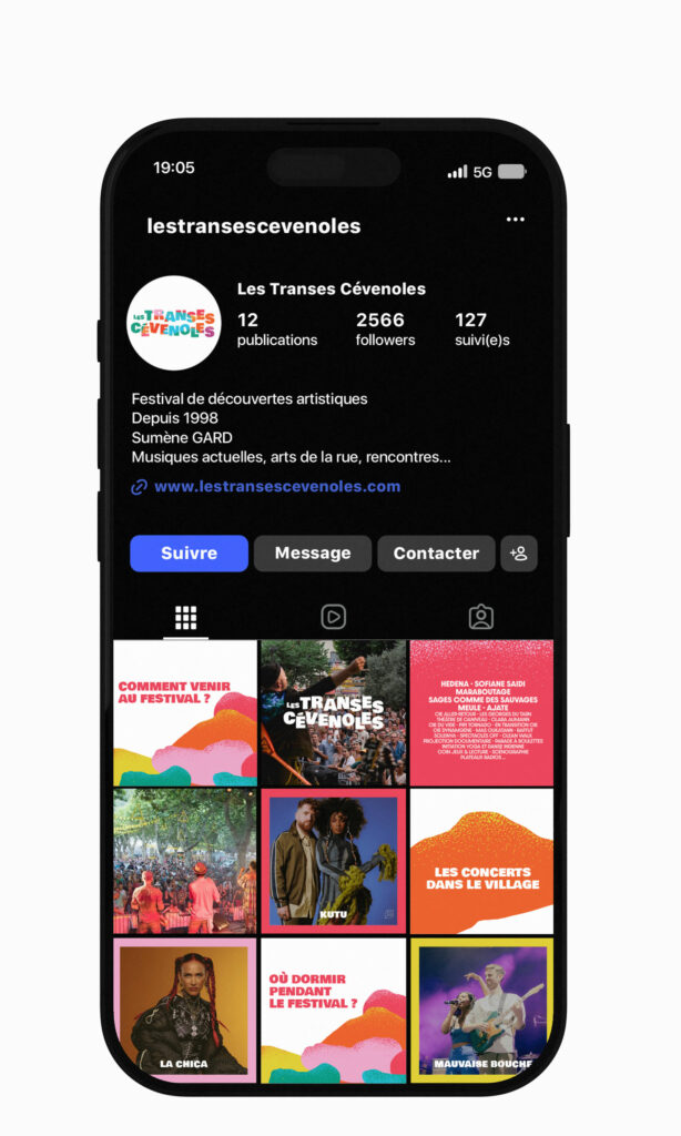 MOCKUP TÉLEPHONE COMPTE INSTAGRAM DU FESTIVAL DES TRANSES CÉVENOLES